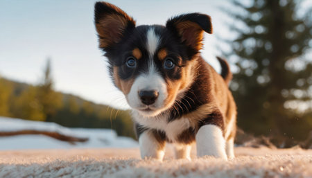 Portrait of a cute Welsh Corgi Pembroke puppy with blue eyes in winter forestの素材