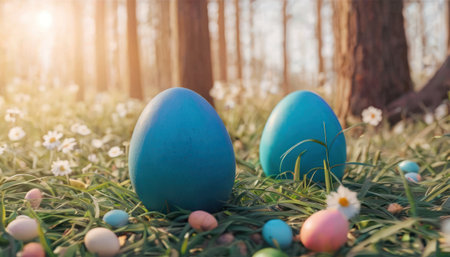 Easter eggs on the grass in the forest. Happy Easter concept.の素材