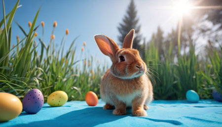 Easter bunny and colorful eggs on blue background in sunny day.の素材