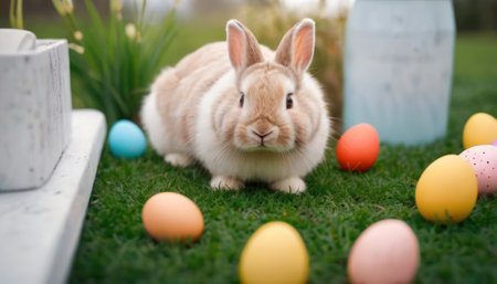 Cute rabbit and easter eggs on green grass in garden.の素材