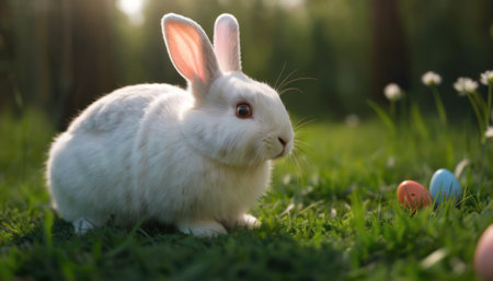 Cute white rabbit with easter eggs on green grass in parkの素材