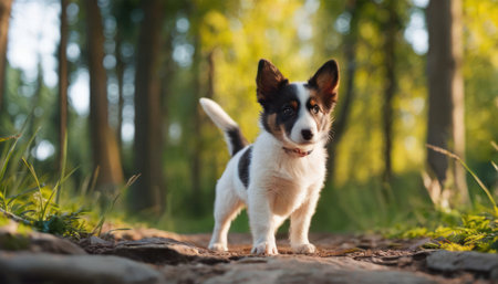 Portrait of a cute Jack Russell Terrier puppy in the forestの素材
