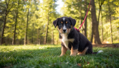 Puppy of Australian Shepherd on a leash in the park.の素材