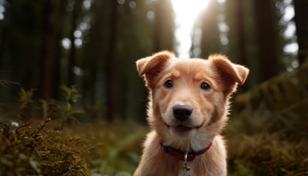 Portrait of a cute golden retriever puppy in the forest.の素材