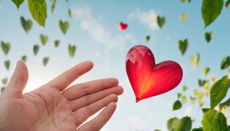 Hand holding a red heart on the background of green leaves in the parkの素材