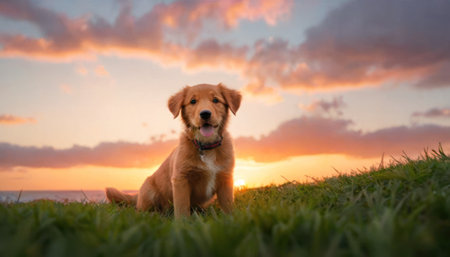 Cute Golden Retriever puppy sitting on green grass at sunset.の素材