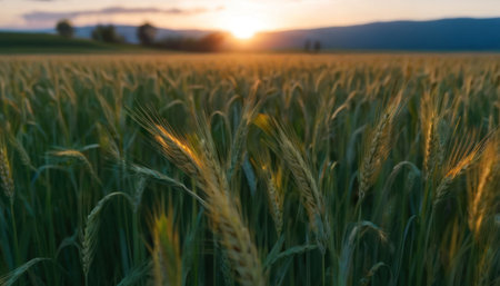 Wheat field at sunset. Beautiful landscape with ripening ears of wheat.の素材