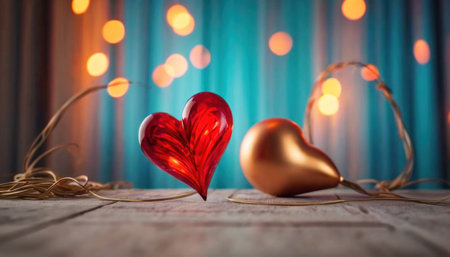 Two red hearts on a wooden background with bokeh lights in the backgroundの素材