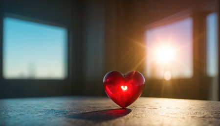 red heart on a wooden table in front of a window with sunlightの素材