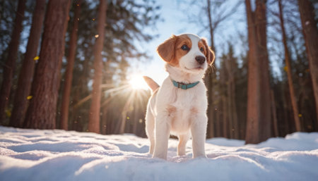 Cute beagle puppy standing in the snow in winter forest.の素材