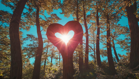 Heart shaped tree in the forest with sunbeams and lens flareの素材