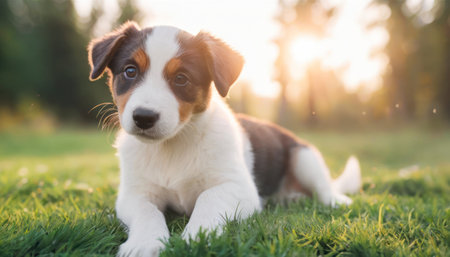 Adorable puppy of Australian shepherd dog lying on green grass in the park.の素材