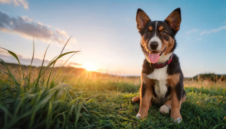 Portrait of a happy Australian Shepherd dog sitting on the grass at sunsetの素材