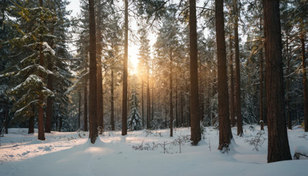 Winter forest at sunset. Beautiful winter landscape with trees covered with snowの素材