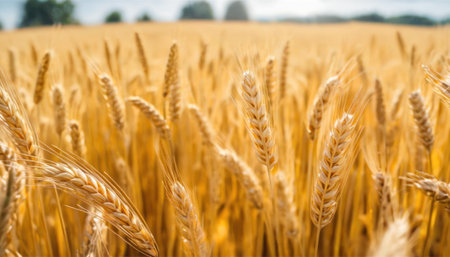 Ears of golden wheat close-up on a background of the fieldの素材
