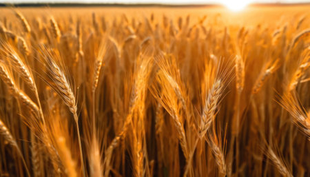 field of golden wheat on a background of the setting sun close-upの素材