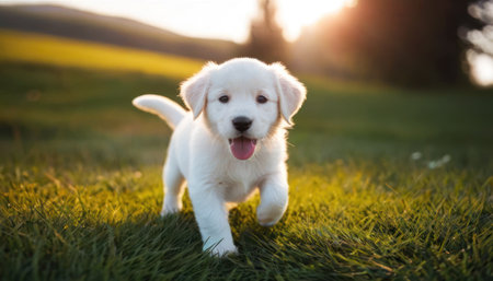 Adorable little golden retriever puppy running on green grass at sunsetの素材