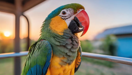 Portrait of a beautiful macaw parrot on a background of sunsetの素材
