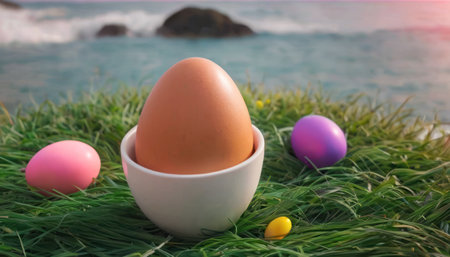 Easter eggs in a white egg cup on green grass with ocean backgroundの素材