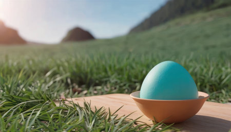 Easter egg in a bowl on the grass with mountain in the backgroundの素材