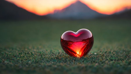 Red heart on the green grass with mountains in the background at sunsetの素材
