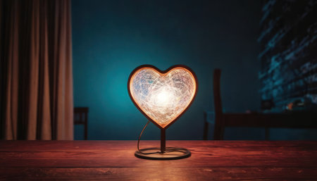 heart shaped lamp on a wooden table in front of a blue wallの素材