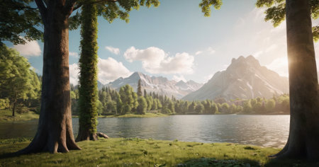 Beautiful panoramic view of the lake and mountains in the backgroundの素材