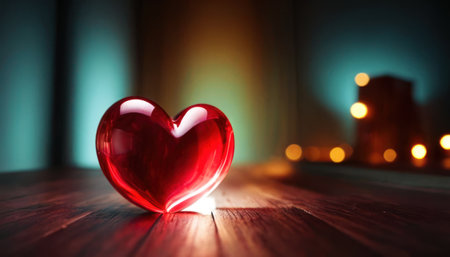 Valentine's day background with red heart on wooden table.の素材