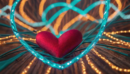 Valentine's day background with red heart and garland lightsの素材