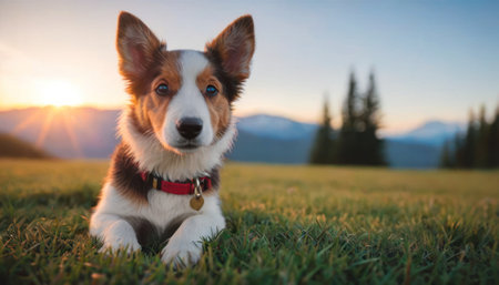 Portrait of cute welsh corgi dog sitting on green grass at sunsetの素材