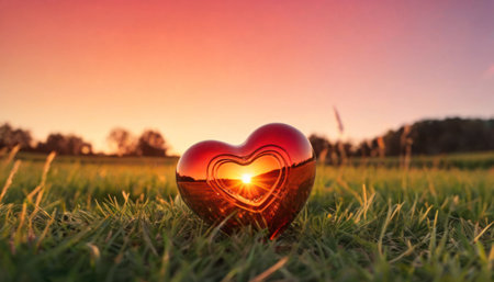 Heart shape on the grass with sunset sky background. Valentines day concept.の素材