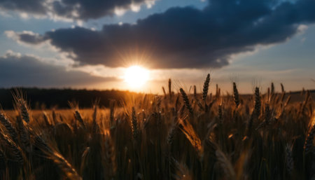 Sunset over wheat field. Beautiful nature scene with golden ears of wheat.の素材
