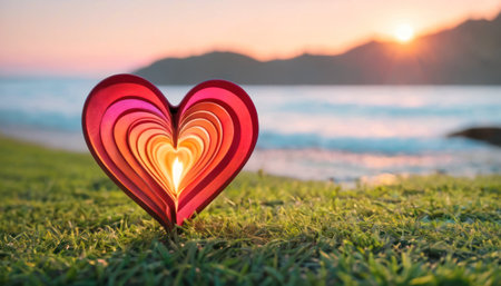 Valentine's day background with heart shape on grass in front of sea.の素材