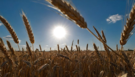 Wheat field with blue sky and sun in the background. Agricultural landscape.の素材