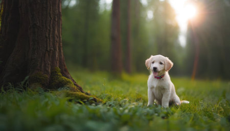 Cute Golden Retriever puppy in the park at sunset.の素材