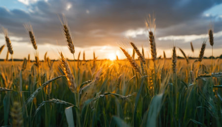 Sunset or sunrise in an agricultural field with ears of young golden wheatの素材