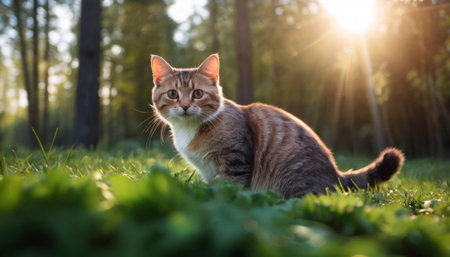 Cute ginger cat sitting on green grass in sunset light. Fluffy pet outdoors.の素材