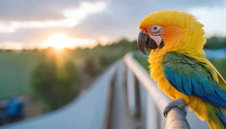 Beautiful colorful macaw parrot bird sitting on the bridge at sunsetの素材