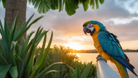 Beautiful macaw parrot in the garden at sunset time.の素材