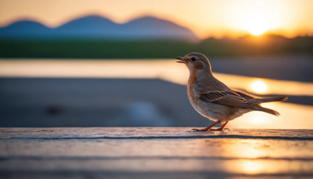 Bird on the wooden floor in the morning light with sunset background.の素材