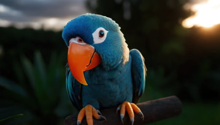 Beautiful blue parrot with orange beak in the garden.の素材