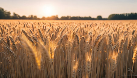 Wheat field. Ears of golden wheat close up. Beautiful Nature Sunset Landscape.の素材