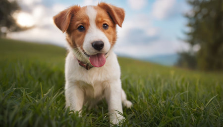 Portrait of a cute purebred puppy Jack Russell Terrier on the green grassの素材