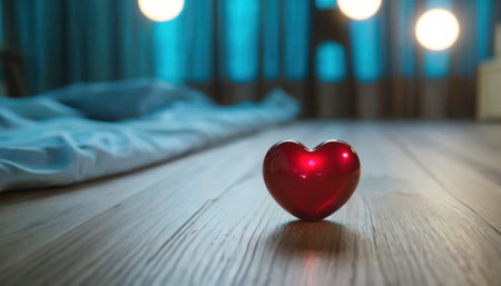 Red heart on the wooden floor in the bedroom. Valentine's day concept.の素材