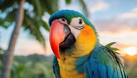 Macaw parrot on the background of palm trees at sunset.の素材