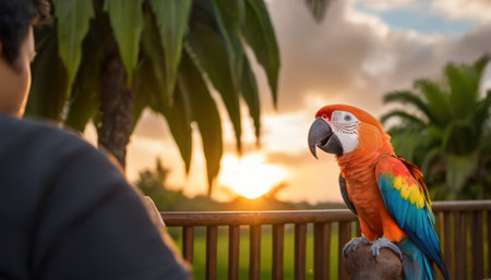 Colorful macaw parrot sitting on the hand of a manの素材