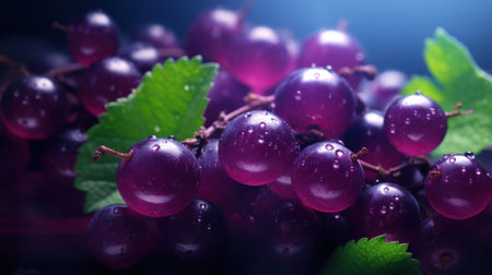 Fresh ripe black currant with water drops on a dark background.の素材