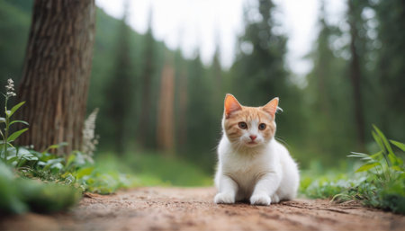 Cat sitting on the road in the forest, shallow depth of fieldの素材