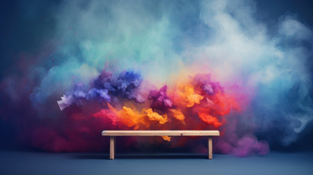 3d rendering of a wooden bench and colorful smoke in the dark roomの素材