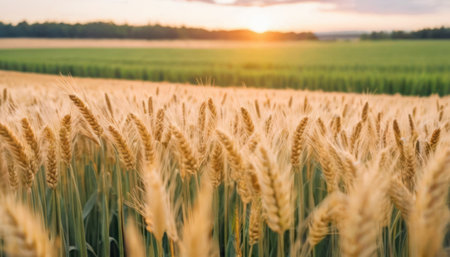 Golden ears of wheat on the field at sunset. Beautiful natural background.の素材